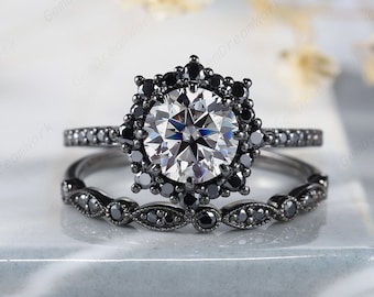 Vintage Black Gold Round Cut Gray Moissanite Floral Engagement Ring Set, Unique Black Diamond Halo Wedding Set, Dark Promise Ring Bridal Set