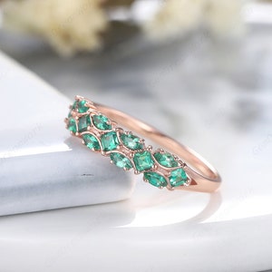 Unique Marquise Emerald Straight Engagement Band, 14K Rose Gold Wedding Matching Ring Promise Anniversary Ring for Women May Birthstone Ring