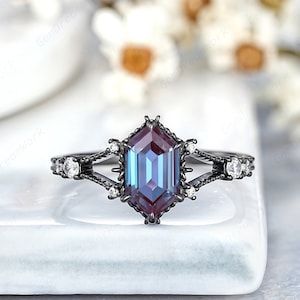 Black Gold Hexagon Alexandrite Engagement Rings Moissanite Wedding Ring June Birthstone Promise Rings For Women Custom Anniversary Ring Gift