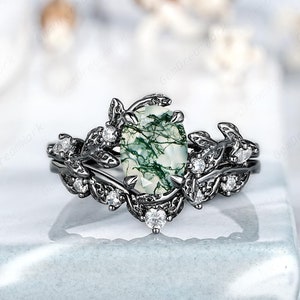 Oval Nature Moss Agate Wedding Rings Black Gold Nature Inspired Leaf Branch Anniversary Rings For Women Gift Green Agate Engagement Ring Set