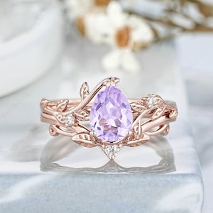 Vintage Lavender Amethyst Engagement Ring Set, Gold Nature Inspired Leaf Moissanite Wedding Ring February Birthstone Promise Ring Bridal Set