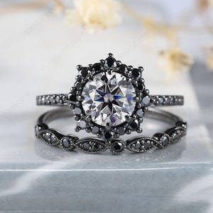 Vintage Black Gold Round Cut Gray Moissanite Floral Engagement Ring Set, Unique Black Diamond Halo Wedding Set, Dark Promise Ring Bridal Set
