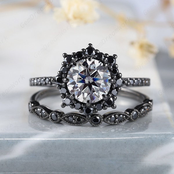 Vintage Amethyst Ring For Women - AAA CZ Diamond Black Gold Filled Ring Set