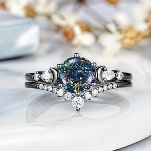 Gothic Round Black Fire Opal Engagement Ring Set, Custom Sailor Moon Moissanite Wedding Ring Gift Vintage Black Opal Promise Rings For Women