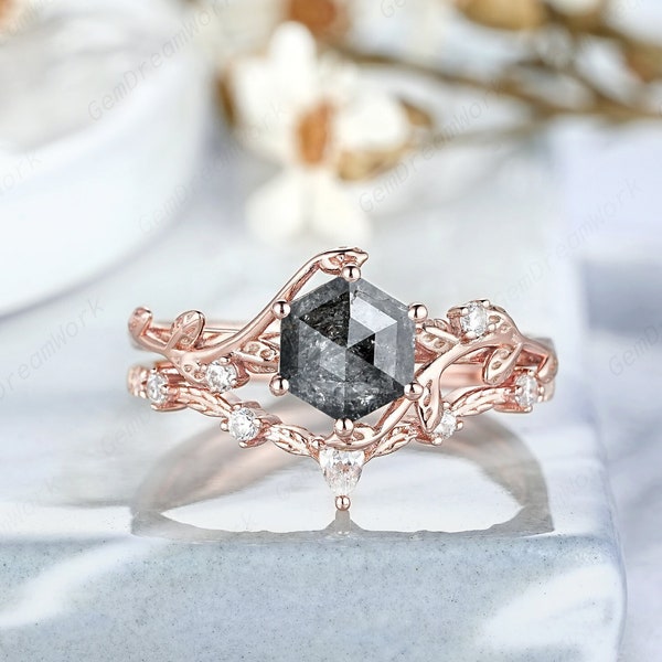 Hexagon cut salt and pepper diamond wedding ring set, gold natural inspired leaf promise rings, moissanite wedding band custom ring jewelry