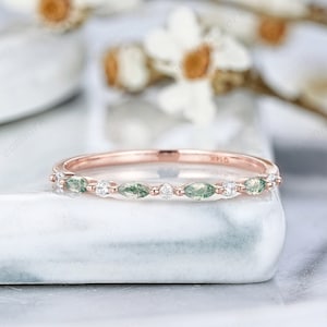 マーキスモスアゲートストレート結婚指輪、14Kゴールドレディースハーフエタニティマッチングスタッキングリング、モアッサナイト結婚指輪アニバーサリーリング