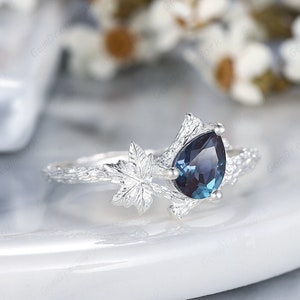 Pear Shape Maple Leaf Alexandrite Engagement Ring, Unique White Gold Twist Vine Branch Wedding Ring, Promise Anniversary Ring Gift for her