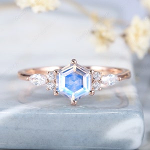 Unique Hexagon Moonstone Engagement Ring, Vintage Moonstone Wedding Ring, 14K Rose Gold Promise Ring,  Dainty Moonstone Anniversary Ring