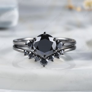 Vintage Black Gold Round Cut Black Moissanite Engagement Ring Set, Unique Black Moissanite Halo Bridal Set, Gothic Wedding Promise Ring