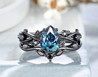 Vintage Alexandrite Engagement Ring Set Black Gold Alexandrite Wedding Promise Rings For Women Custom Nature Inspired Leaf Anniversary Ring