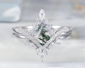 Natural Kite Cut Moss Agate Engagement Rings Set, Vintage Halo Moissanite Wedding Ring Bridal Set, Custom White Gold Promise Rings for Women