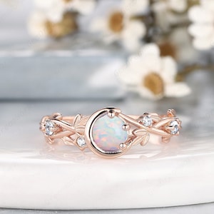 Vintage Natural White Opal Engagement Ring, Custom Sailor Moon Star Wedding Band Ring, 14K Rose Gold Promise Ring Leaf Anniversary Ring Gift