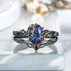 Oval Facet Black Opal Engagement Ring Set Vintage Black Gold Opal Promise Ring For Women Black Moissanite Leaf Wedding Band Anniversary Ring