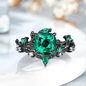 Antique Cushion Cut Emerald Engagement Ring Set Black Gold Leaf Floral Nature Inspired Anniversary Rings For Women Birthstone Promise Rings