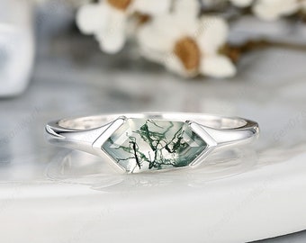 Vintage Moss Agate Solitaire Engagement Ring, Unique Shield Cut Moss Agate 14K White Gold Wedding Ring, Art Deco Half Bezel Promise Ring