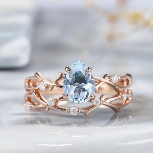 Vintage Pear Aquamarine Engagement Ring Set, 14K Rose Gold Nature Branch Wedding Ring Set Twig March Birthstone Promise Ring Moissanite Band