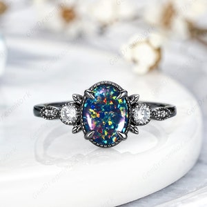 Antique Oval Black Fire Opal Engagement Ring Gothic Black Gold Milgrain Black Opal Anniversary Rings For Women Custom Wedding Rings For Her