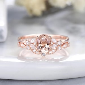 Vintage Oval Champagner Morganit Verlobungsring Set, Benutzerdefinierte 14K Rose Gold Moissanite Cluster Ehering Set, Jubiläumsringe für Frauen