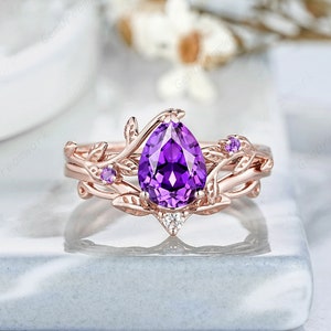 Vintage Pear Purple Sapphire Engagement Rings Set, Leaf Nature Inspired Anniversary Ring Gift, 14k Rose Gold Curved Wedding Rings For Women