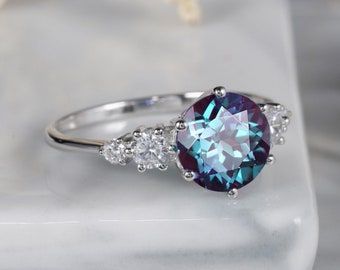 Unique Alexandrite Engagement Ring Vintage 8mm Round Cut Alexandrite Wedding Ring, 14K White Gold June Birthstone Promise Rings for Women