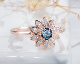 Unique Alexandrite Sunflower Ring, Vintage Rose Gold Round Alexandrite and Marquise Moissanite Floral Wedding Ring, Engagement Promise Ring