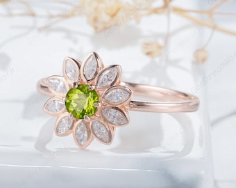 Einzigartiger natürlicher Peridot Sonnenblume Ring, Vintage Rose Gold Runde Peridot und Marquise Moissanite Blumen Ehering, Verlobungsring
