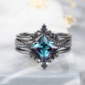 Vintage Black Gold Princess Cut Alexandrite Engagement Ring Set, Unique Rhodium Black Alexandrite Bridal Set 3PCS Promise Ring Wedding Set