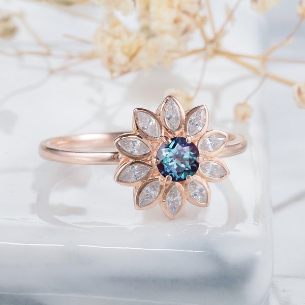 Unique Alexandrite Sunflower Ring, Vintage Rose Gold Round Alexandrite and Marquise Moissanite Floral Wedding Ring, Engagement Promise Ring