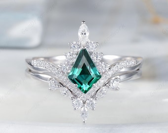 Vintage Kite Cut Emerald Bridal Set, Unique V Shaped Emerald Halo Moissanite Wedding Set, 14K White Gold Silver Promise Engagement Ring Set