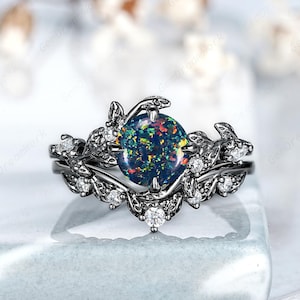 Unique Round Shape Black Opal Engagement Ring Set Black Gold Fire Opal Anniversary Rings For Women Leaf Floral Nature Inspired Promise Rings