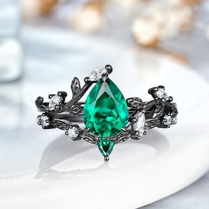 Birne Smaragd Verlobungsring Set Gothic Antike Smaragd Ehering Natur Inspiriert Schwarz Gold Floral Jahrestag Ringe für Frauen Geschenk