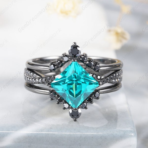 Vintage Black Gold Princess Cut Neon Blue Paraiba Tourmaline Engagement Ring Set Unique Rhodium Black Tourmaline Bridal Set Wedding Set Gift