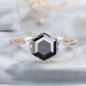 Vintage Hexagon Cut Black Moissanite Engagement Ring Unique Rose Gold Trilliant Cut Moissanite Promise Ring Antique Three Stone Wedding Ring
