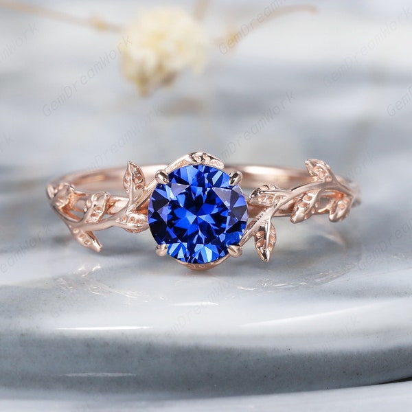 Vintage Round Cut Leaf Cornflower Blue Sapphire Engagement Ring, Unique Rose Gold /Silver Twist Branch Wedding Ring, Sapphire Promise Ring