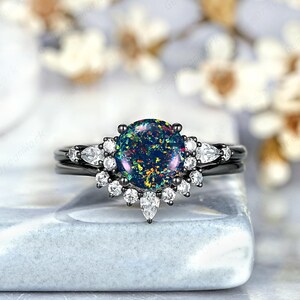 Round Black Opal Engagement Ring Set Gothic Black Fire Opal Wedding Ring Bridal Set Black Gold Anniversary Promise Moissanite Ring For Women