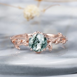 Vintage Round Natural Moss Agate Engagement Ring, 14k Rose Gold Leaf Branch Wedding Ring, Custom Promise Anniversary Agate Rings for Women