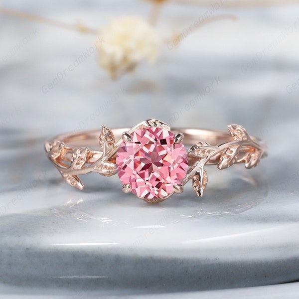 Art Deco Pink Sapphire Engagement Ring Peach Papalacha Sapphire Wedding Rings Natural Inspired Leaf Ring 14k Gold Promise Rings For Women