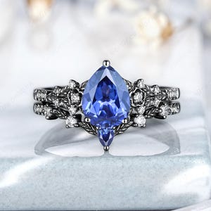 Pear Shaped Cornflower Blue Sapphire Engagement Ring Gothic Leaf Floral Nature Inspired Wedding Ring Black Gold Anniversary Rings For Women