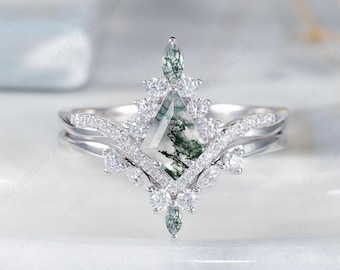 Platinum Kite Cut Moss Agate and Diamond Bridal Set, Unique Agate and Moissanite Wedding Set, Vintage White Gold Promise Engagement Ring Set