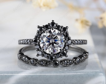 Vintage Black Gold Round Cut Gray Moissanite Floral Engagement Ring Set, Unique Black Diamond  Halo Wedding Set Dark Promise Ring Bridal Set