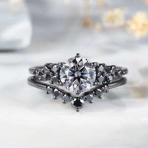Vintage Black Gold Round Gray Moissanite Engagement Rings Set, Grey Moissanite Wedding Ring Set, Black Moissanite Promise Ring Bridal Set