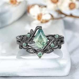 Anillo de compromiso de ágata musgosa natural con corte de cometa, anillo de bodas inspirado en la naturaleza, anillo de promesa de ágata de oro negro para mujer, anillos de aniversario para mujer