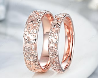 Nature Inspired Morning Glory Couple Rings Set Custom Gold His And Hers Wedding Bands Leaf Floral Mens Ring Vintage Stacking Matching Rings