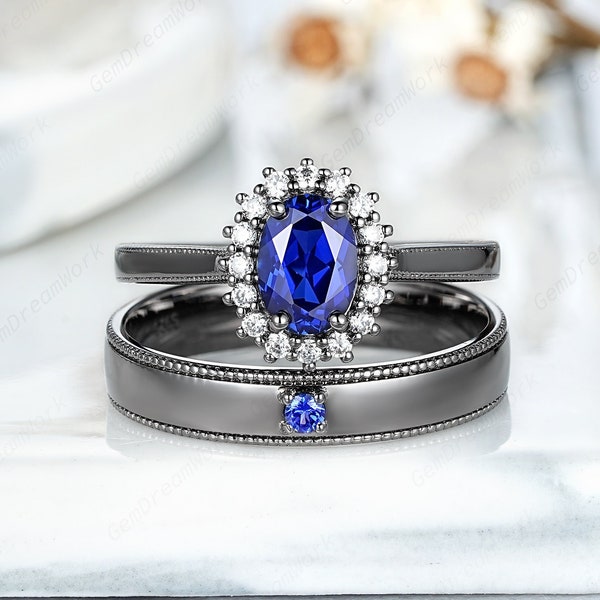 Black Gold 2pcs Couple Ring Set Oval Royal Blue Sapphire His and Her Engagement Ring Set Mens Wedding Band Promise Rings For Men And Women