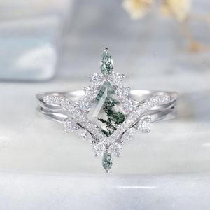 Platinum Kite Cut Moss Agate and Diamond Bridal Set, Unique Agate and Moissanite Wedding Set, Vintage White Gold Promise Engagement Ring Set