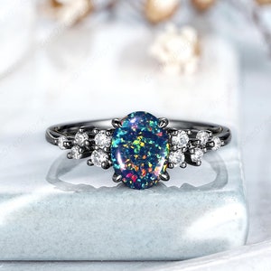 Oval Black Opal Engagement Ring Gothic Black Gold Wedding Rings For Women Custom Moissanite Cluster Anniversary Rings Birthday Gifts For Her