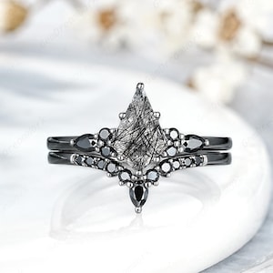 Kite Black Rutilated Quartz Engagement Ring Set Black Gold Moissanite Wedding Ring Black Gold Crystal Anniversary Promise Rings For Women