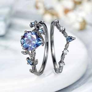 Custom Alexandrite Engagement Ring Set Heart Shaped Alexandrite Wedding Rings For Women Leaf Floral Nature Inspired Anniversary Ring Gifts