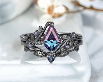 Conjunto de anillos de compromiso de Alejandrita con corte de cometa, anillos de boda de hojas inspirados en la naturaleza de oro negro personalizados, anillos de promesa de Alejandrita vintage para mujeres