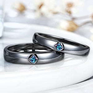 Juego de anillos de pareja de alejandrita en oro negro, anillos de aniversario de alejandrita solitarios para mujeres y hombres, alianzas de boda góticas para él y para ella, regalos